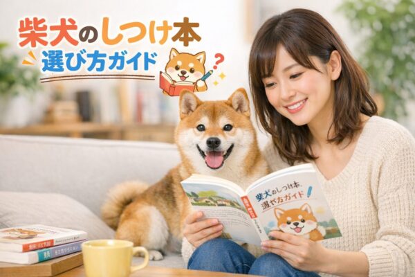 柴犬と一緒にしつけ本を読む日本人女性。柴犬のしつけ本の選び方や、初心者向けのポイントを紹介する記事のアイキャッチ画像。