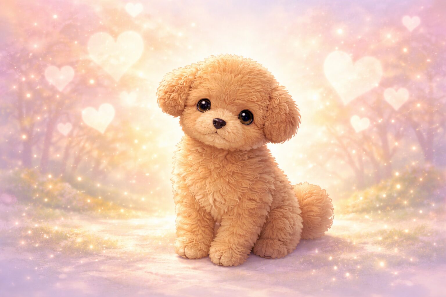 淡い光の中に座る子犬のイラスト(犬を拾う夢のまとめイメージ)