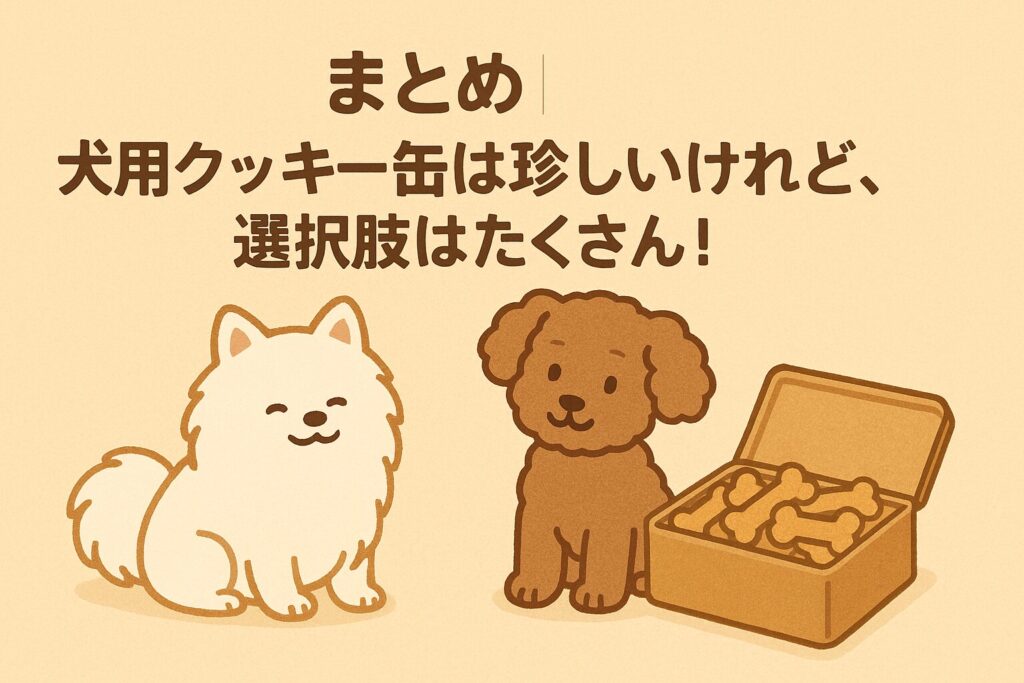 白ポメラニアンとトイプードルが並んで座り、横には犬用クッキーの箱が置かれたイラスト。「犬用クッキー缶は珍しいけれど選択肢はたくさん」というまとめメッセージを示すデザイン。