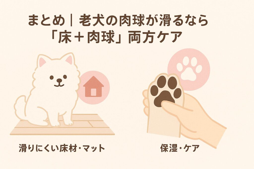 老犬の滑り対策として、滑りにくい床やマットと肉球の保湿ケアを組み合わせる重要性を示したイラスト