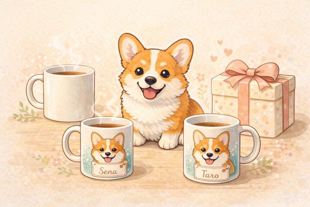 用途別のコーギー マグカップと笑顔のコーギーを描いたまとめ用イラスト