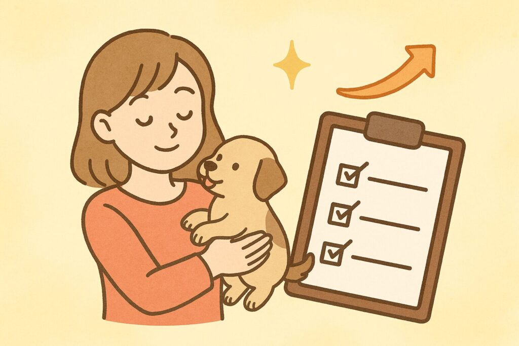 子犬を優しく抱く女性の横にチェックリストが並び、夢の後の行動を示すようにデザインされたイラスト。