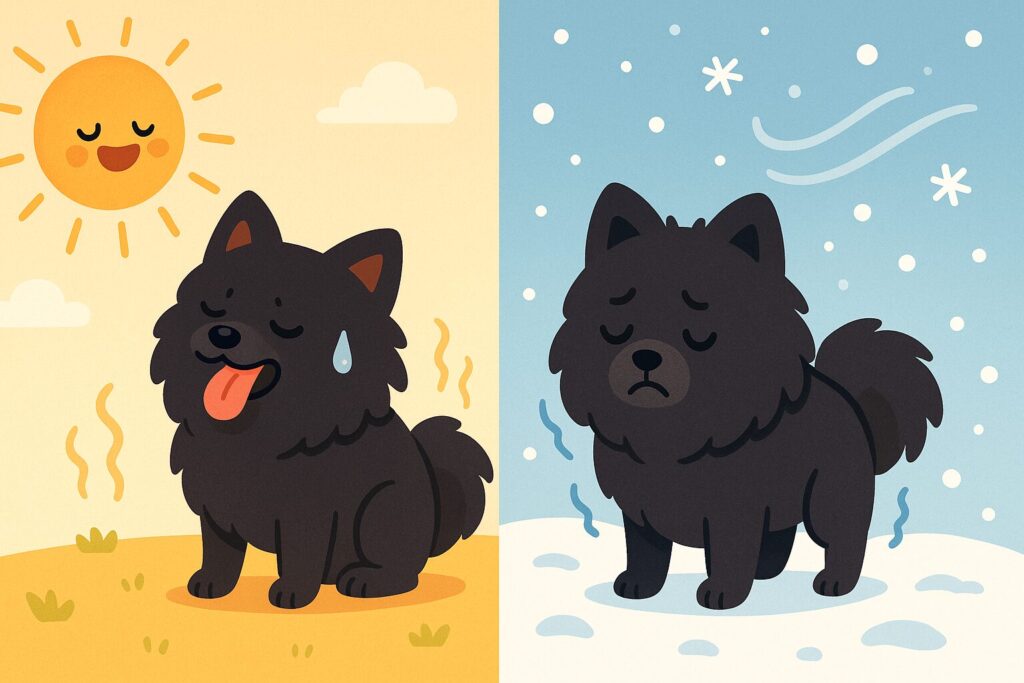 暑さと寒さに困る黒ポメラニアンのイラスト