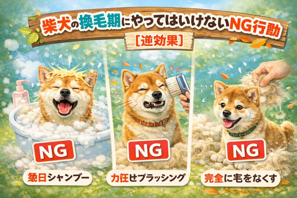 換毛期に毎日シャンプーや強いブラッシングをされて困る柴犬のイラスト