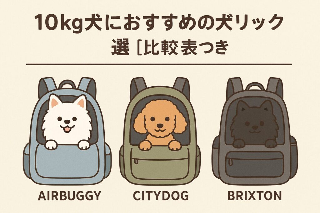 白ポメラニアン・アプリコットプードル・黒ポメラニアンがそれぞれ違うタイプの犬用リュックに入っている比較イラスト