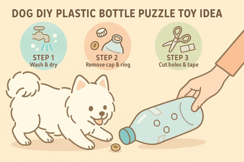 白ポメラニアンが、おやつが出るように穴をあけテープ補強したペットボトル知育トイで遊んでいるイラスト。上部にSTEP1〜3の手順ガイド付き