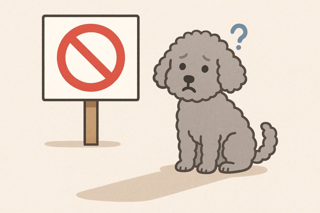 ルールの看板の前で困るシルバートイプードルのイラスト