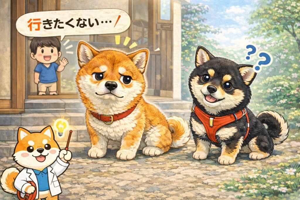 玄関前で立ち止まる柴犬と豆柴が描かれた、柴犬が散歩に行きたがらない理由を表すイラスト
