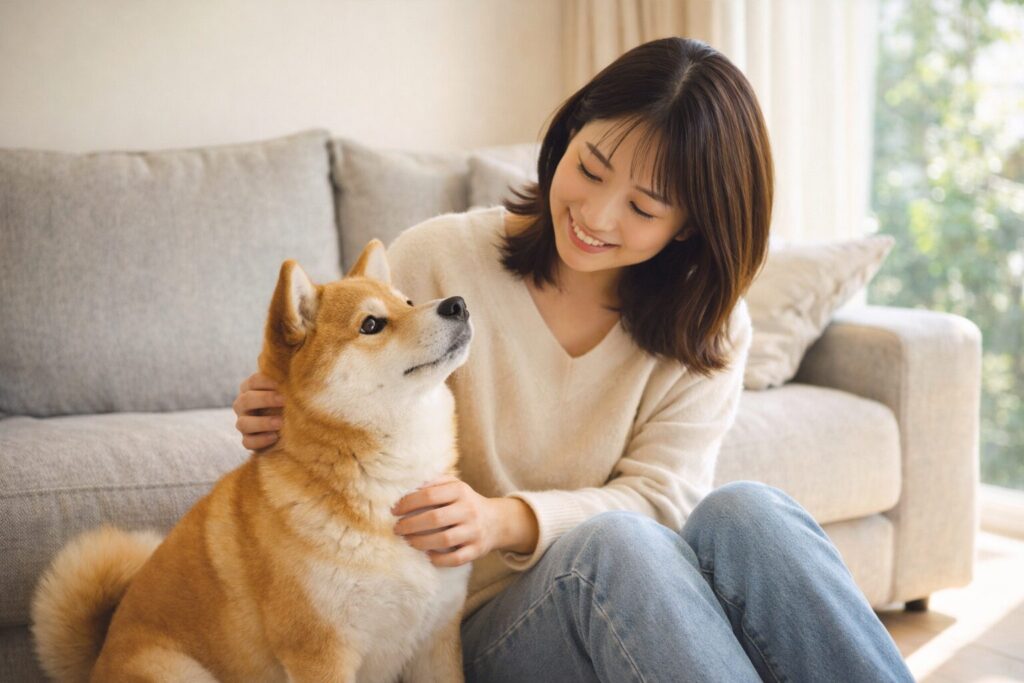 室内で日本人女性と柴犬が穏やかに触れ合う信頼関係を表した写真