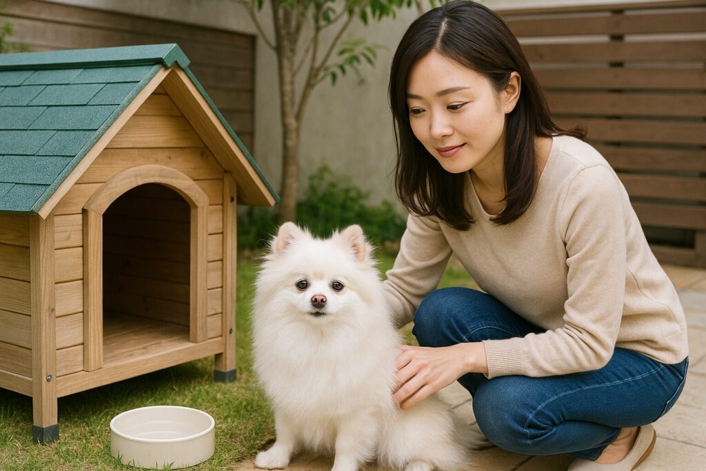 安全対策を整えた屋外環境でポメラニアンを見守る飼い主