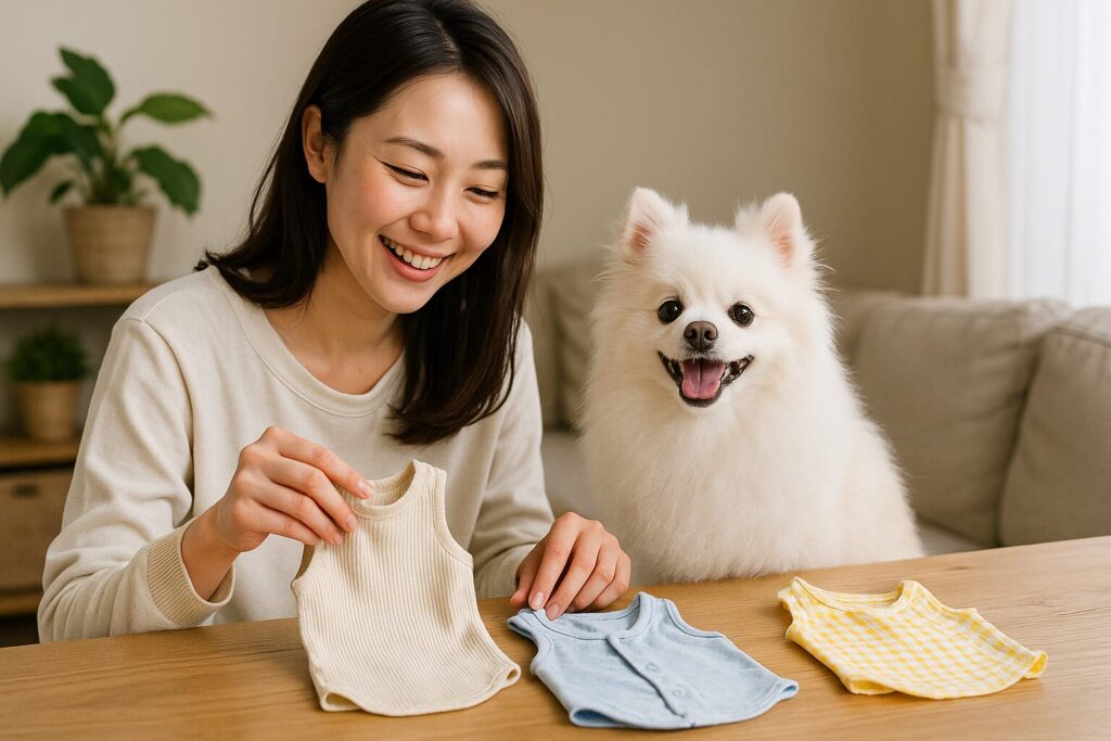着せやすい犬服(背中開き・ノースリーブなど)が並ぶ中、日本人女性と白ポメラニアンが服選びをしている実写風イメージ。
