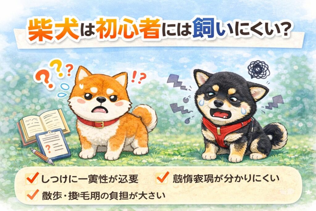 悩む柴犬と困った表情の豆柴が描かれた、柴犬は初心者に飼いにくいのかを説明するイラスト