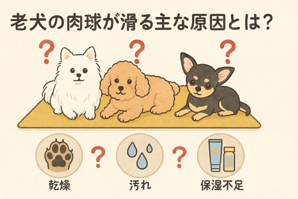 白ポメラニアンとアプリコットプードルとチワワが滑り止めマットの上にいて、肉球バームなどの対策アイテムが描かれたイラスト