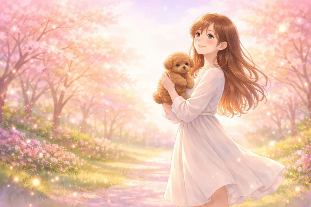 公園で子犬を抱き一歩踏み出す女性のイラスト|犬を拾う夢を見た後の行動を象徴するスピリチュアルイメージ