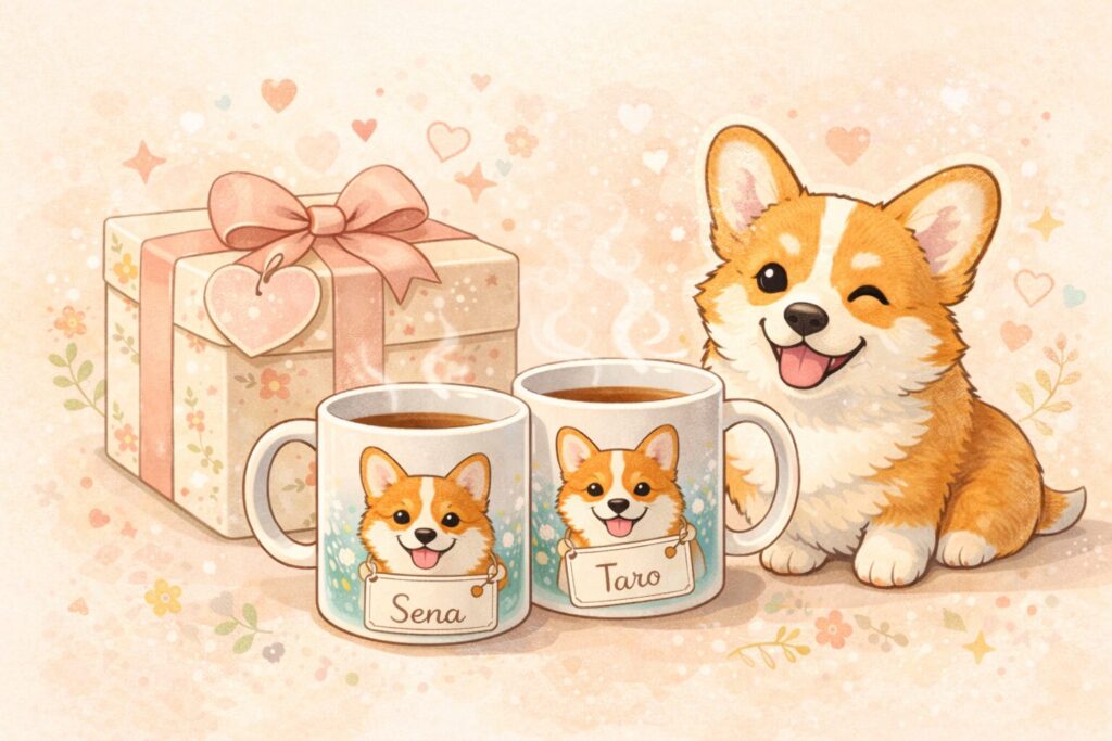 ギフト向けのコーギー マグカップとプレゼントをイメージしたイラスト