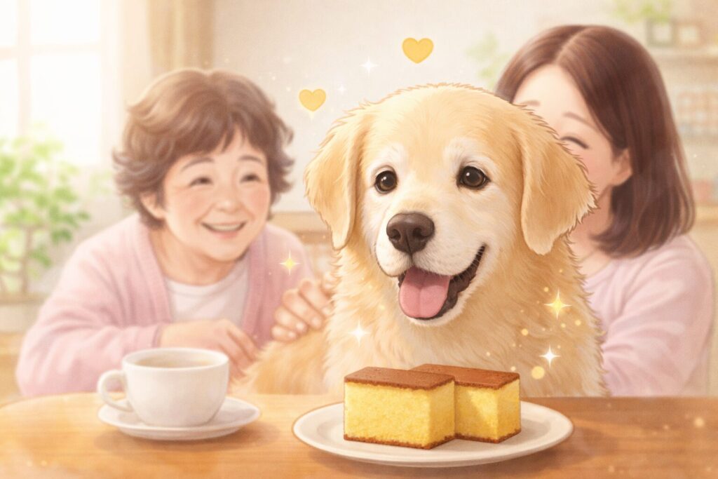 老犬とカステラを前に、与えてよいか悩む飼い主と犬のやさしい雰囲気のイラスト