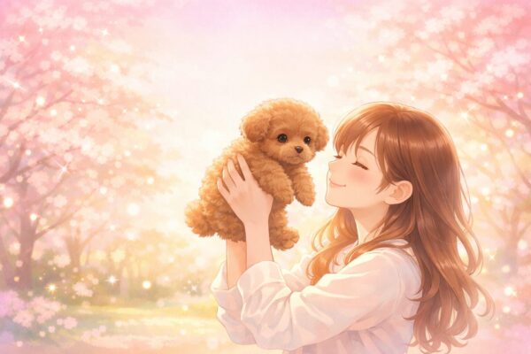 公園で茶色の子犬を拾う女性のイラスト|子犬を拾う夢の意味を表すスピリチュアルイメージ