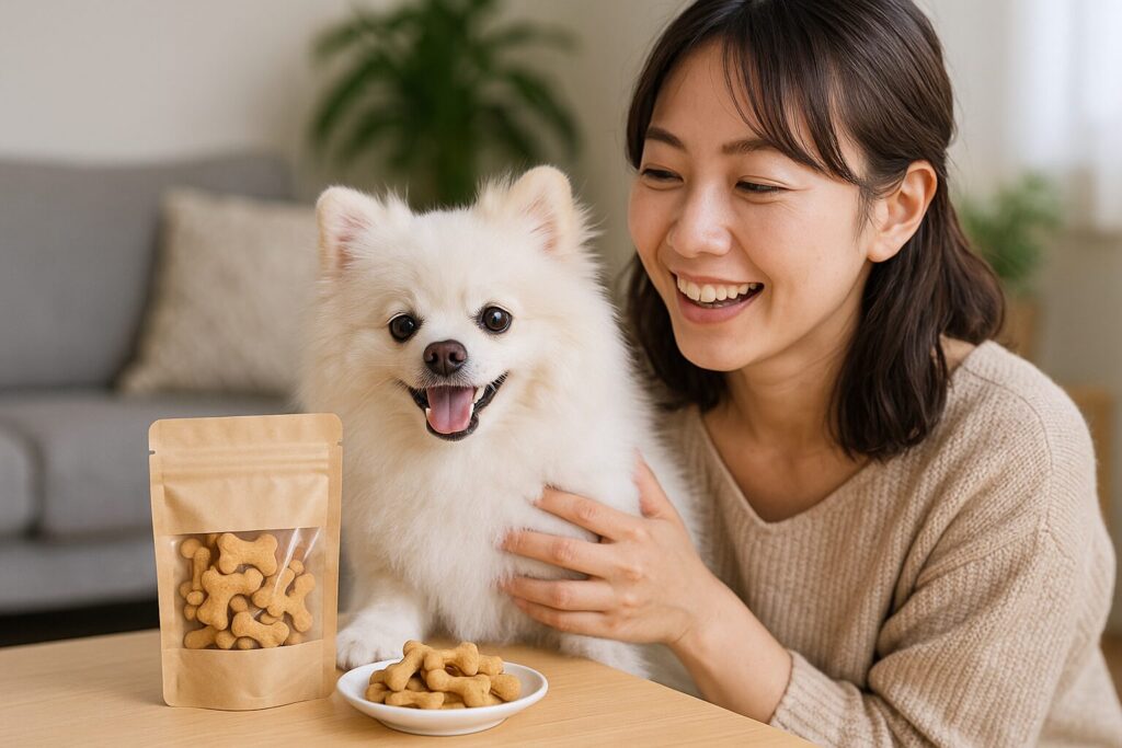 白ポメラニアンと日本人女性が犬用クッキーを前に笑顔で一緒に過ごす実写風の写真。ナチュラルな室内で、犬がクッキーを嬉しそうに見つめているシーン。