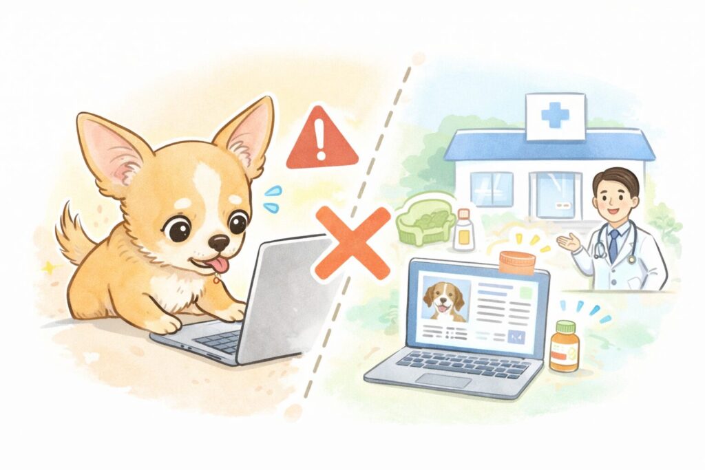 ノートPCの情報に不安そうなチワワと、獣医のいる病院が対比された注意喚起イラスト