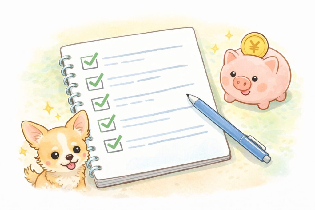  チェックリストのノートと貯金箱、チワワが並ぶ“備え”のイメージイラスト