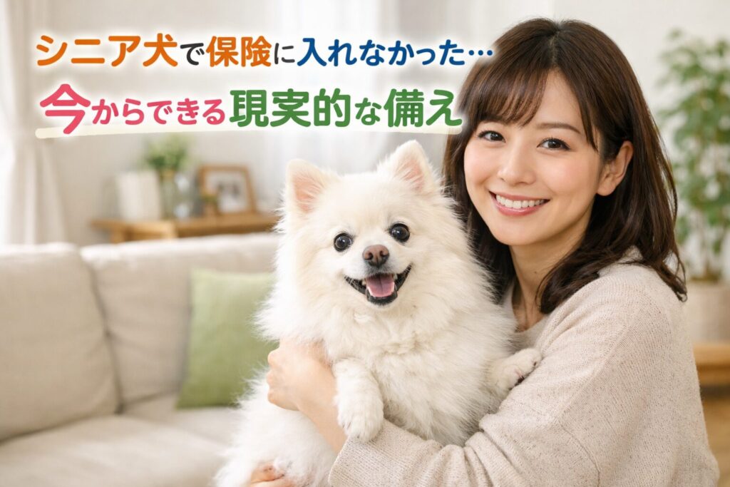 明るいリビングで白いポメラニアンを抱く日本人女性の写真風アイキャッチ