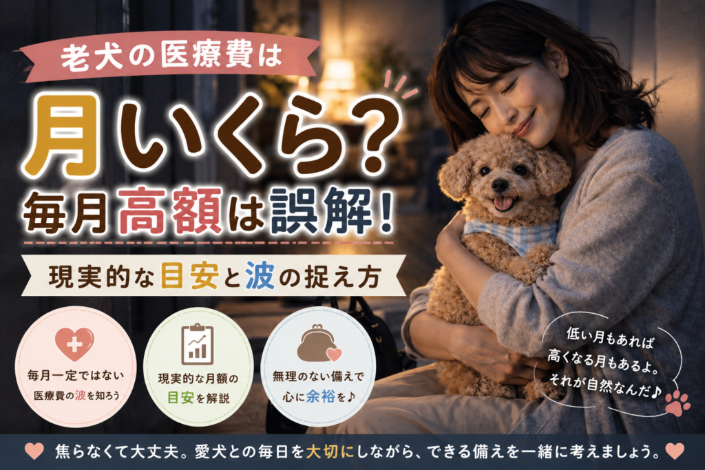 老犬を抱きしめる飼い主と、医療費の備えについて考えるイメージ