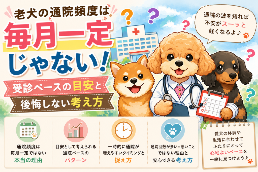 動物病院を背景に獣医師と3匹の犬が通院頻度について考えているイラスト