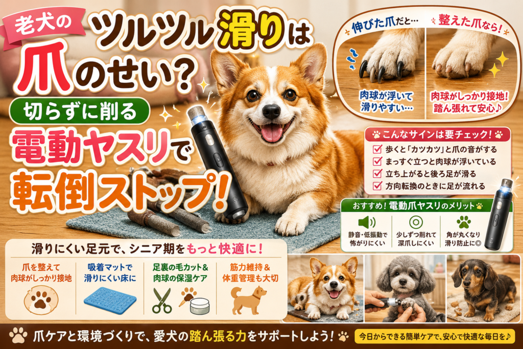 老犬の爪ケアと滑り対策をイメージしたイラスト