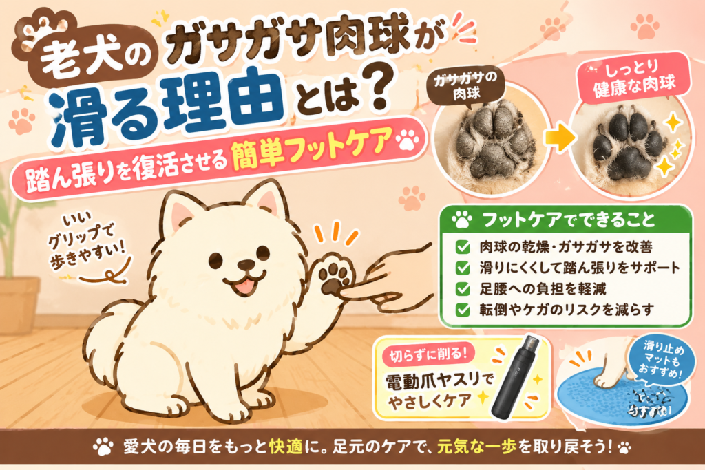 老犬のガサガサした肉球と滑り対策のフットケアを紹介するイラスト