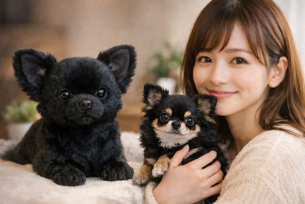 黒いチワワぬいぐるみとブラックタンのチワワを抱く日本人女性