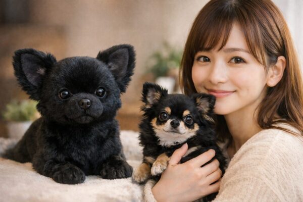 黒いチワワぬいぐるみとブラックタンのチワワを抱く日本人女性