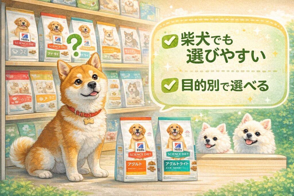 柴犬がドッグフード売り場で悩みながらも、ヒルズは選びやすいと示されているイラスト