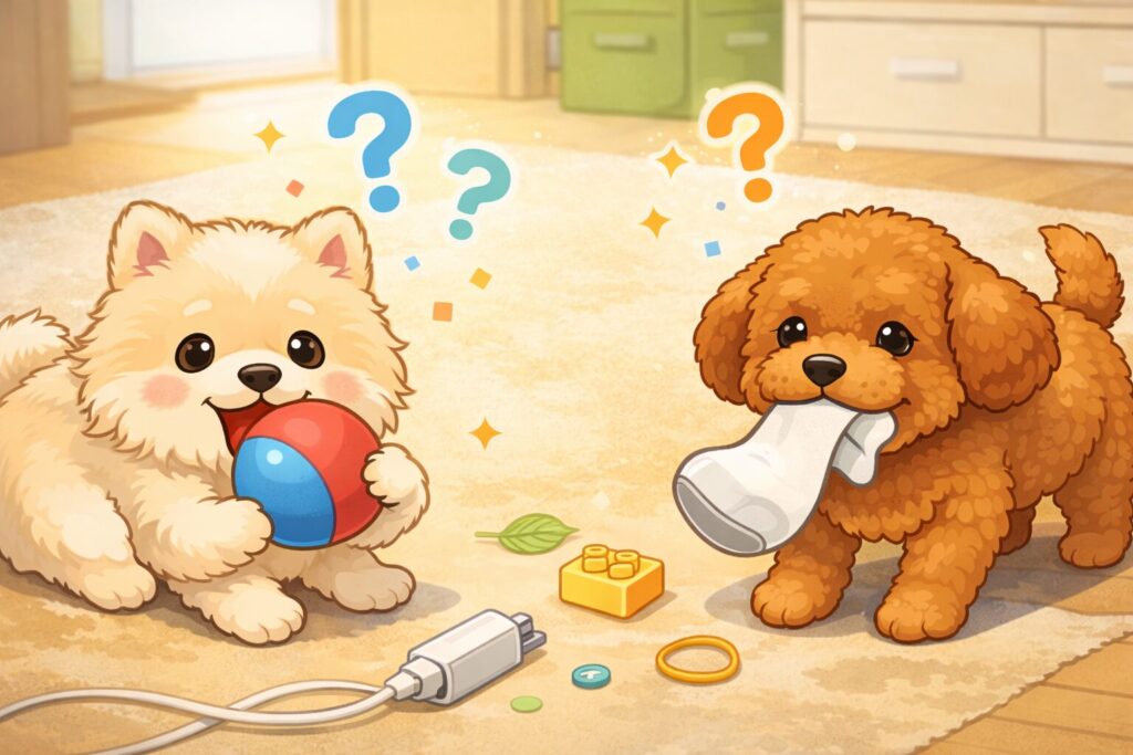 ボールや靴下を口に入れて遊ぶ子犬のイラスト