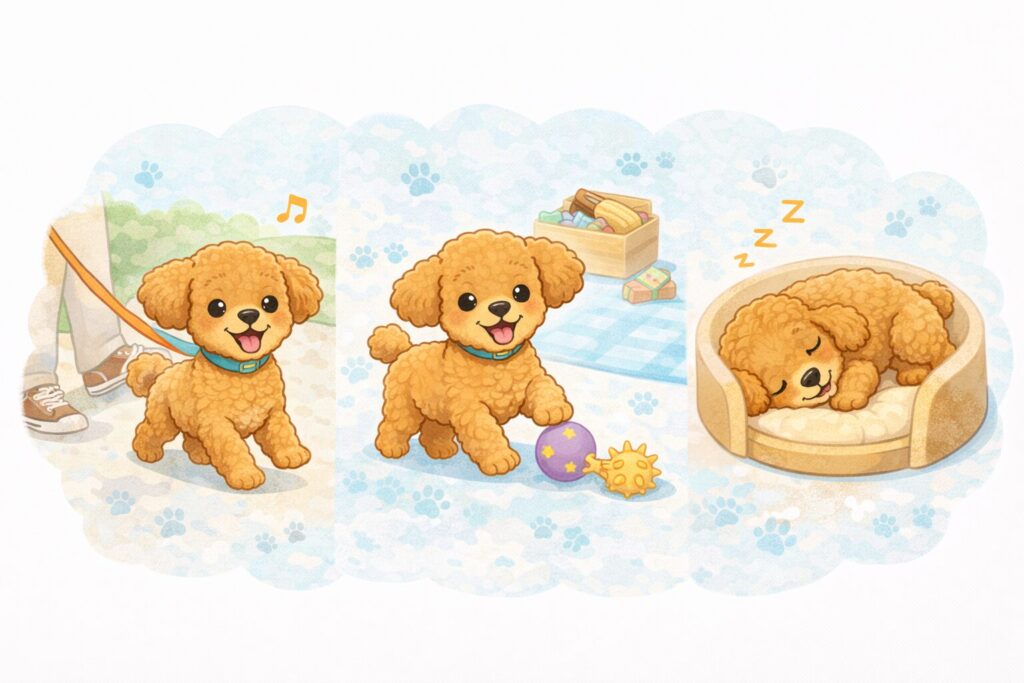 散歩・室内遊び・休憩をするトイプードルのイラスト