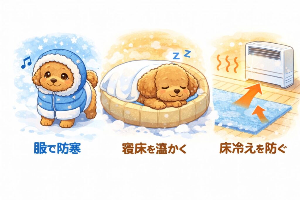 冬服を着たトイプードル、暖かい寝床、床冷え対策を表現したイラスト