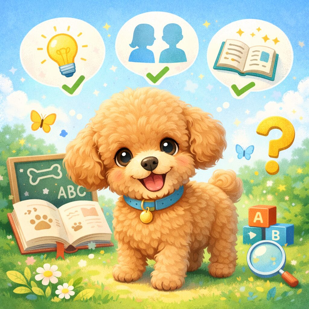 好奇心旺盛で賢そうな表情のトイプードルのイラスト。基本的な性格を表現している