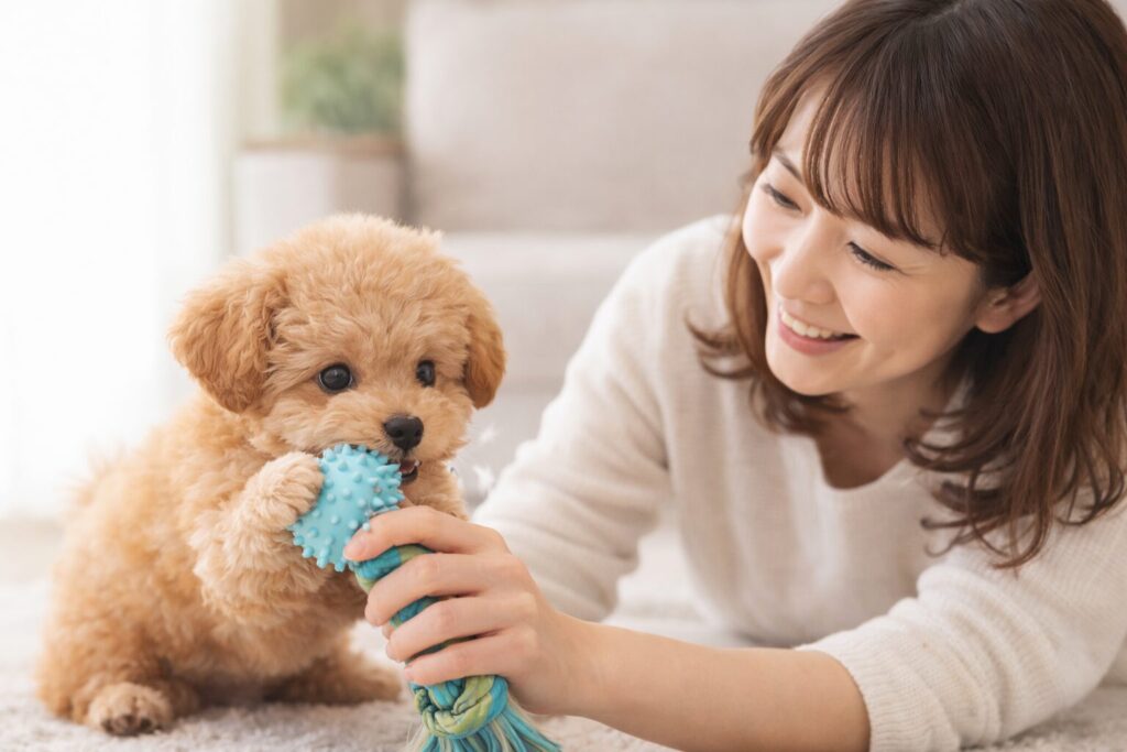 日本人女性が子犬におもちゃを使って甘噛み対策をしている様子