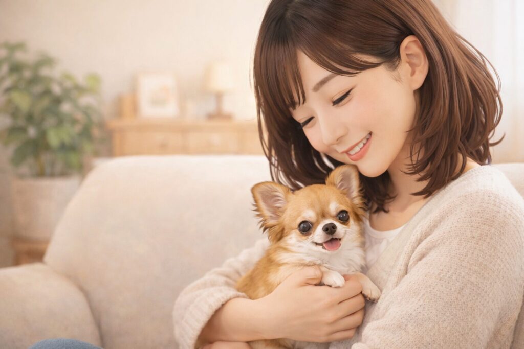 室内で飼い主に抱っこされ、安心した表情を見せるチワワ