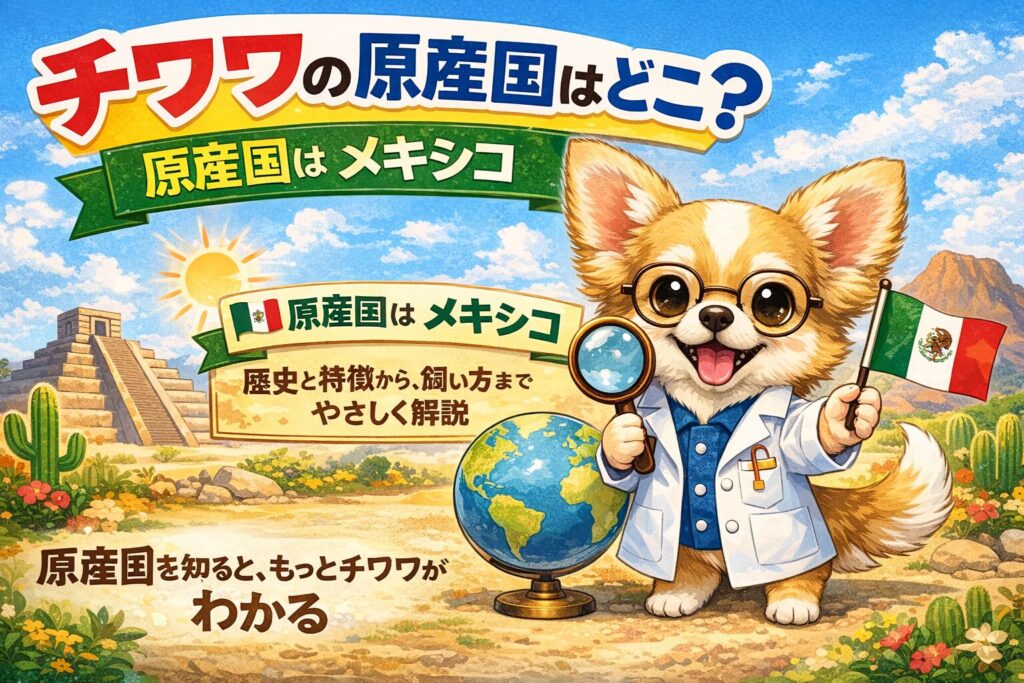 チワワの原産国がメキシコであることをイラストで表現したアイキャッチ画像