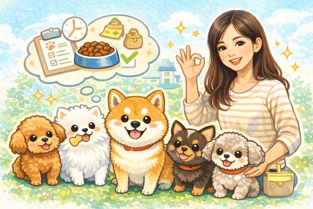 柴犬と小型犬たち、そして日本人女性が笑顔で並び、チェックと生活習慣のアイコンが浮かぶまとめ用イラスト