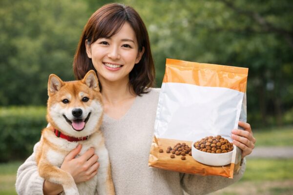 笑顔の日本人女性が柴犬を抱き、ドッグフード選びをイメージできる写真
