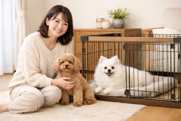 日本の室内で犬用ケージのそばに座る飼い主と、トイプードルと白ポメラニアンが安心して過ごしている様子