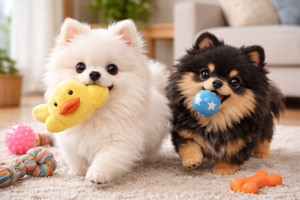 室内でおもちゃ遊びを楽しむ元気なポメラニアン