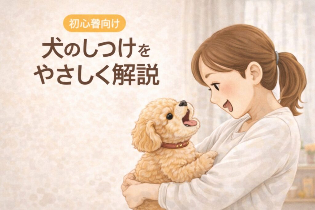 犬のしつけの基本をテーマに、日本人女性と小型犬が一緒に過ごすアイキャッチ画像