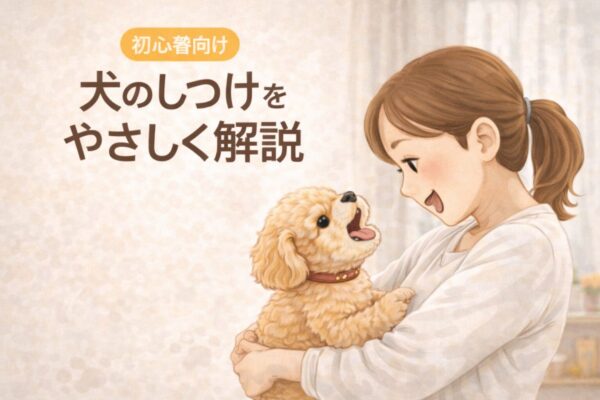 犬のしつけの基本をテーマに、日本人女性と小型犬が一緒に過ごすアイキャッチ画像
