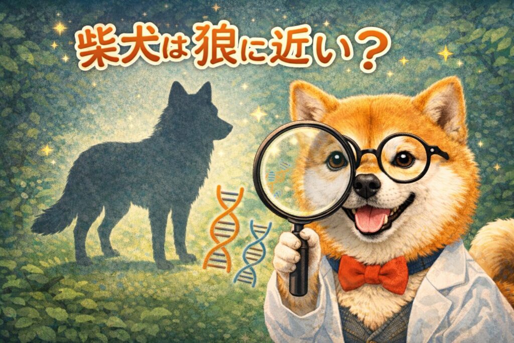 柴犬とオオカミの関係をイラストで表現したアイキャッチ画像