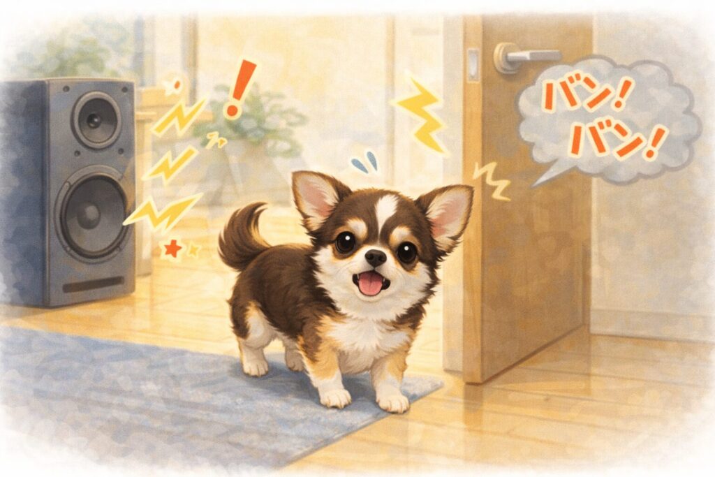 大きな音に驚いて警戒するチワワの様子を描いたイラスト