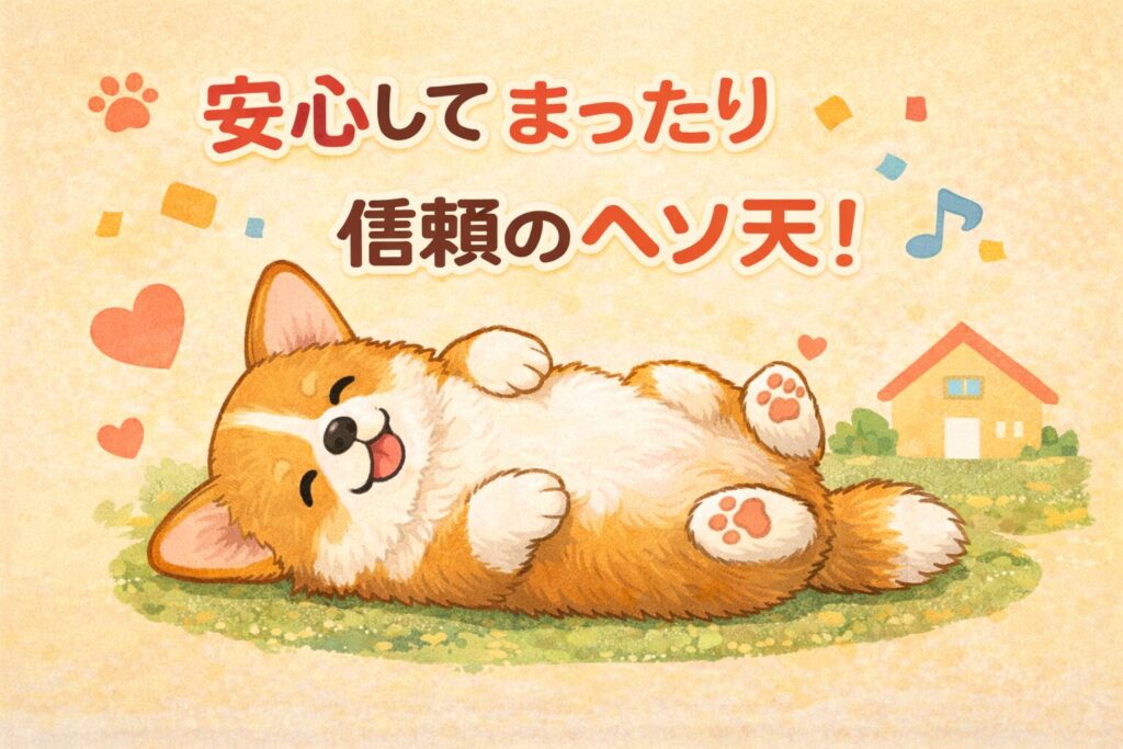 にっこりしたコーギーと“安心してまったり”の文字が入った、読者が安心できる雰囲気のイラスト