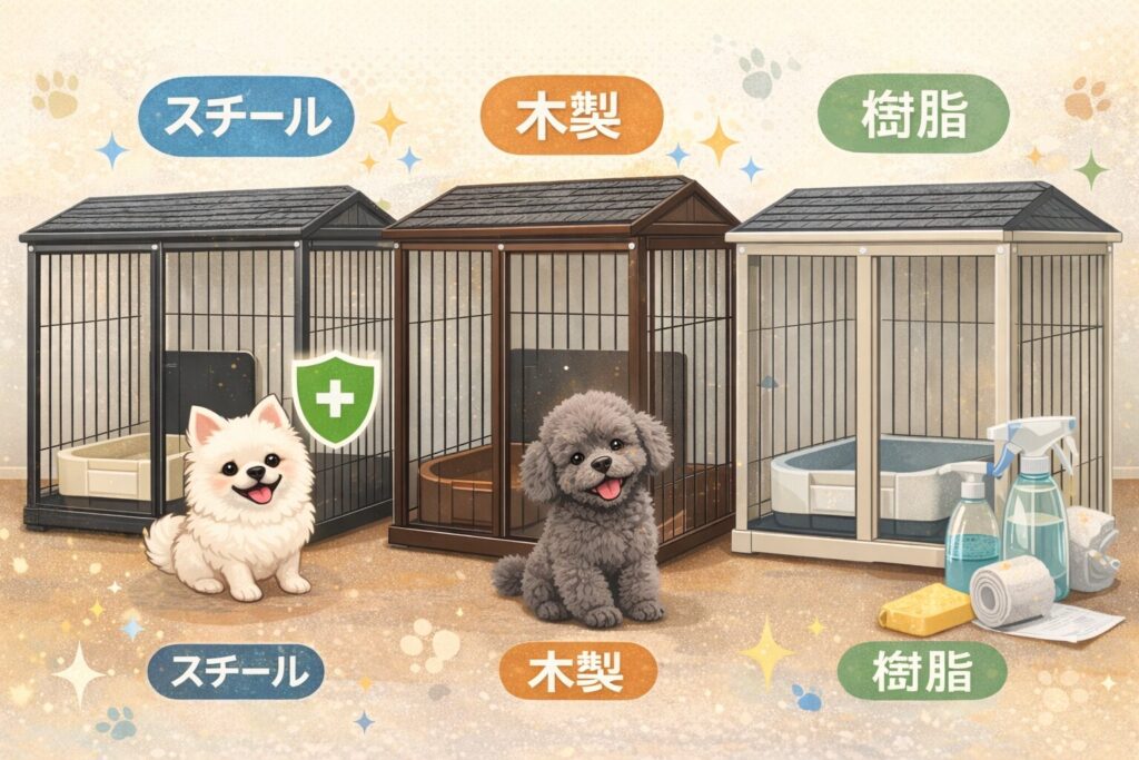スチール製・木製・樹脂製の屋根付き犬ケージと、掃除用品や安全アイコンを並べて比較したイラスト