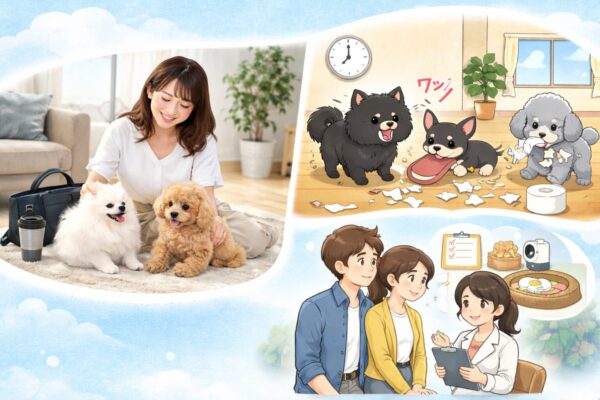 共働き家庭の飼い主と複数の小型犬が室内で過ごす様子を実写とイラストで表現した犬との暮らしのイメージ